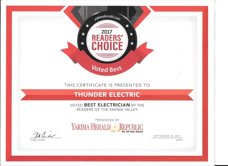 Yakima Herald-Republic 2017 Readers' Choice certificate, Voted Best Electrician, Thunder Electric