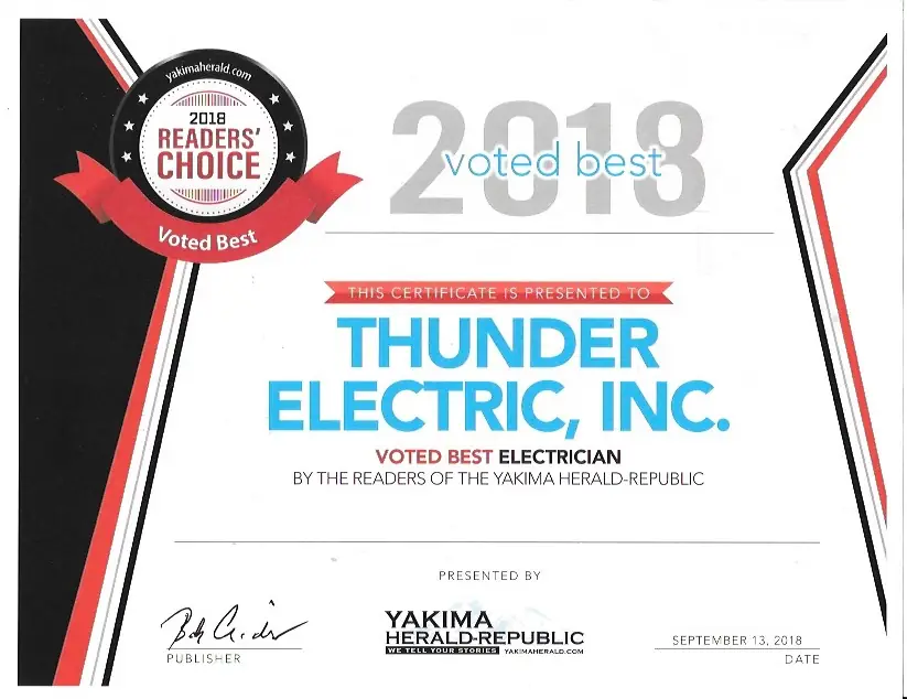 Yakima Herald-Republic 2018 Readers' Choice certificate presented to Thunder Electric, Inc.