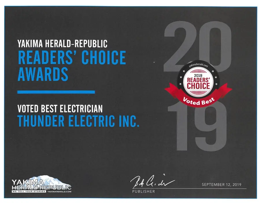 Yakima Herald-Republic 2019 Readers' Choice Awards, Voted Best Electrician, Thunder Electric Inc.